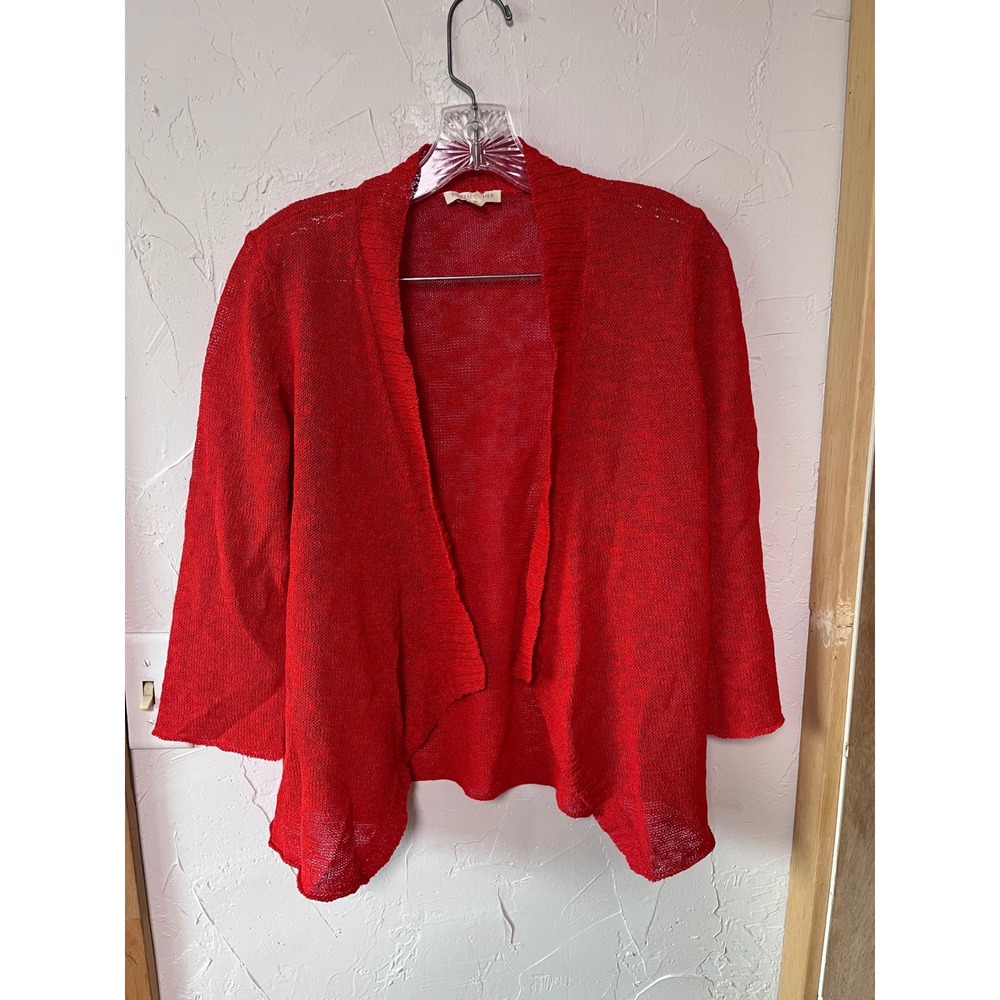Eileen Fisher Petite Red Linen Blend Open Front Cardigan Sweater PS 3/4 Sleeve